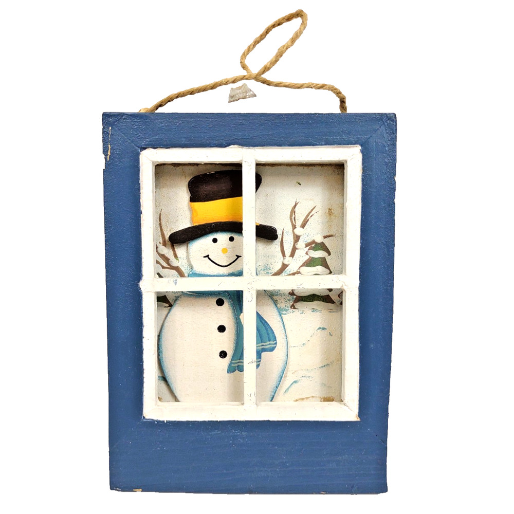 VTG Snowman Looking Through Window Winter Xmas Painted 3-D Wall Decor Sitter